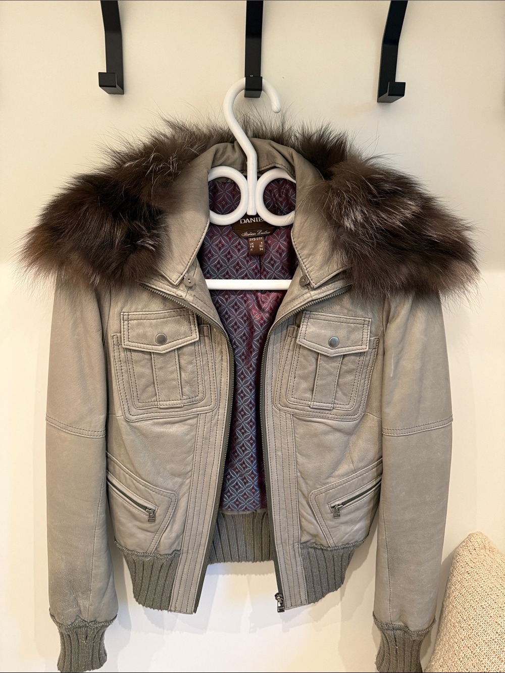 Danier Taupe Leather Bomber with Brown Fur Trim